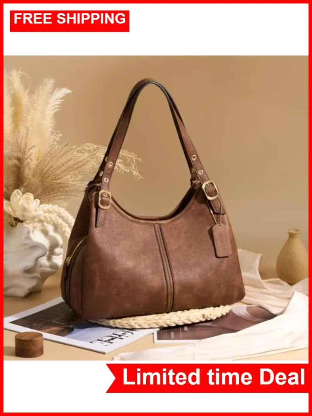 Vintage Hobo Handbag Women Soft PU Leather Shoulder Bag Adjustable Strap